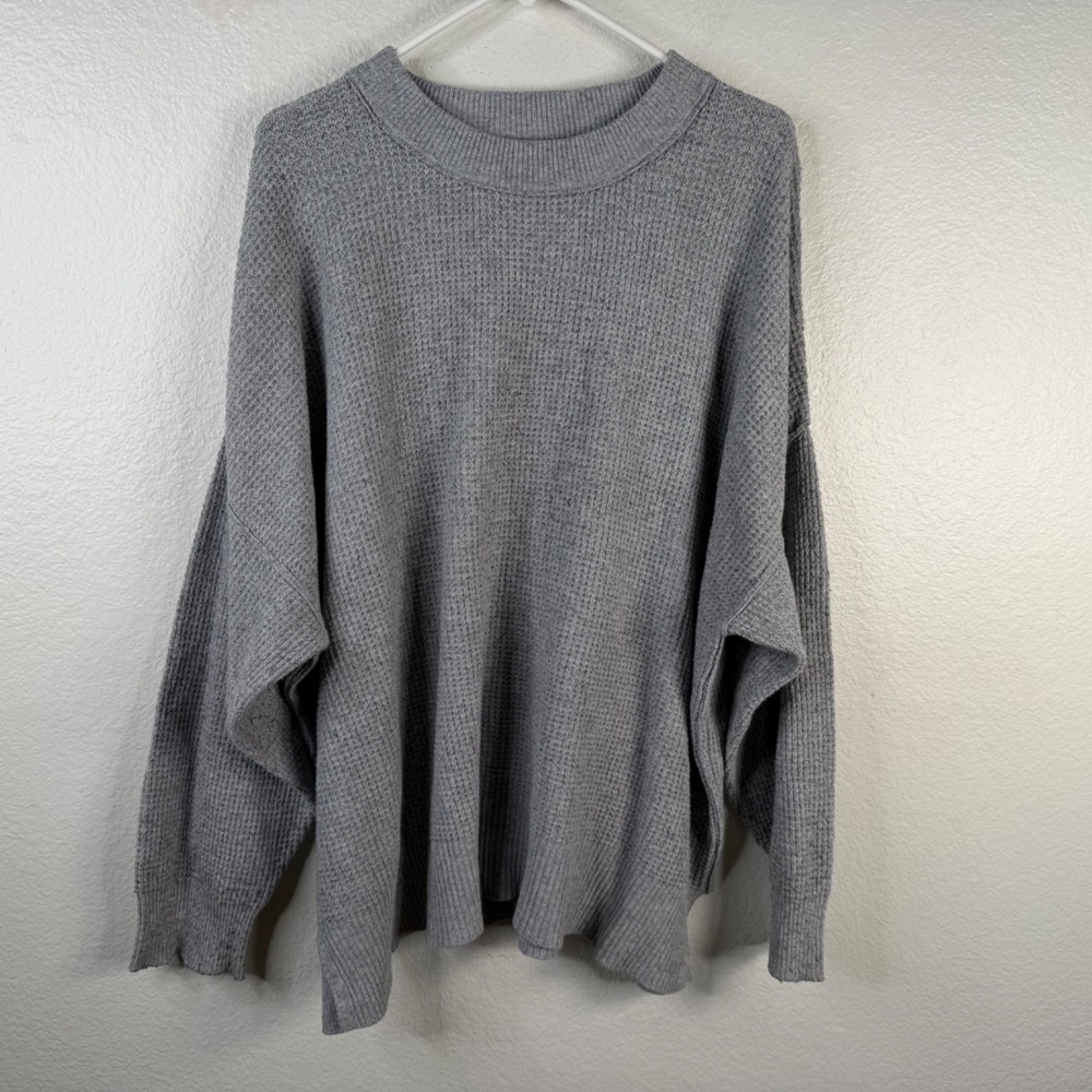 AERIE Thermal Waffle Knit Top Oversized Crewneck Pullover Sweatshirt Gray Sz XL